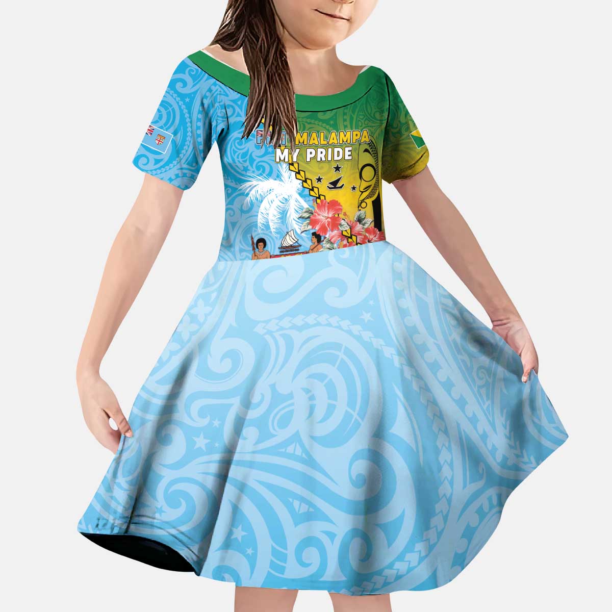 Personalised Malampa Fiji Day Kid Short Sleeve Dress Tribal Pattern With Tropical Flowers LT05 KID Colorful - Polynesian Pride