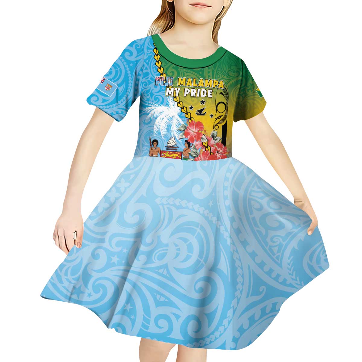 Personalised Malampa Fiji Day Kid Short Sleeve Dress Tribal Pattern With Tropical Flowers LT05 - Polynesian Pride