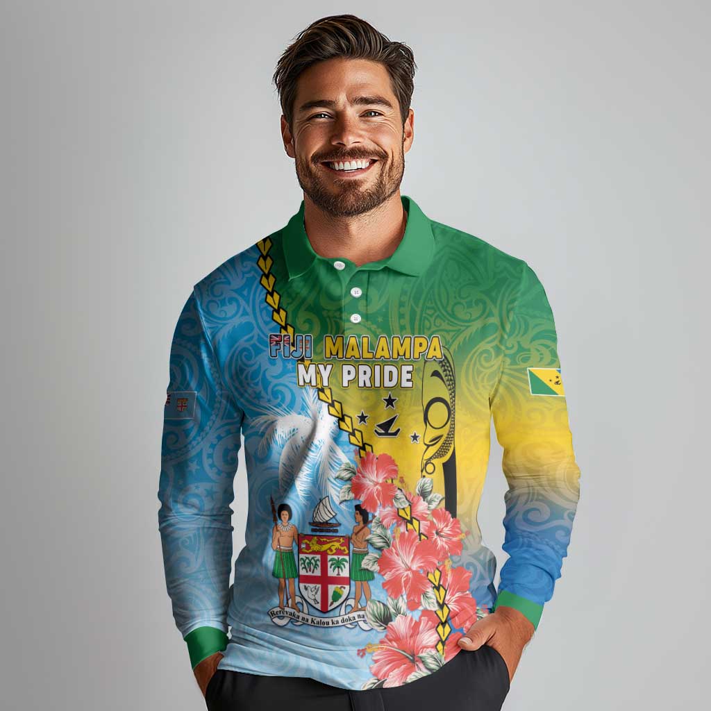 Personalised Malampa Fiji Day Long Sleeve Polo Shirt Tribal Pattern With Tropical Flowers LT05 - Polynesian Pride