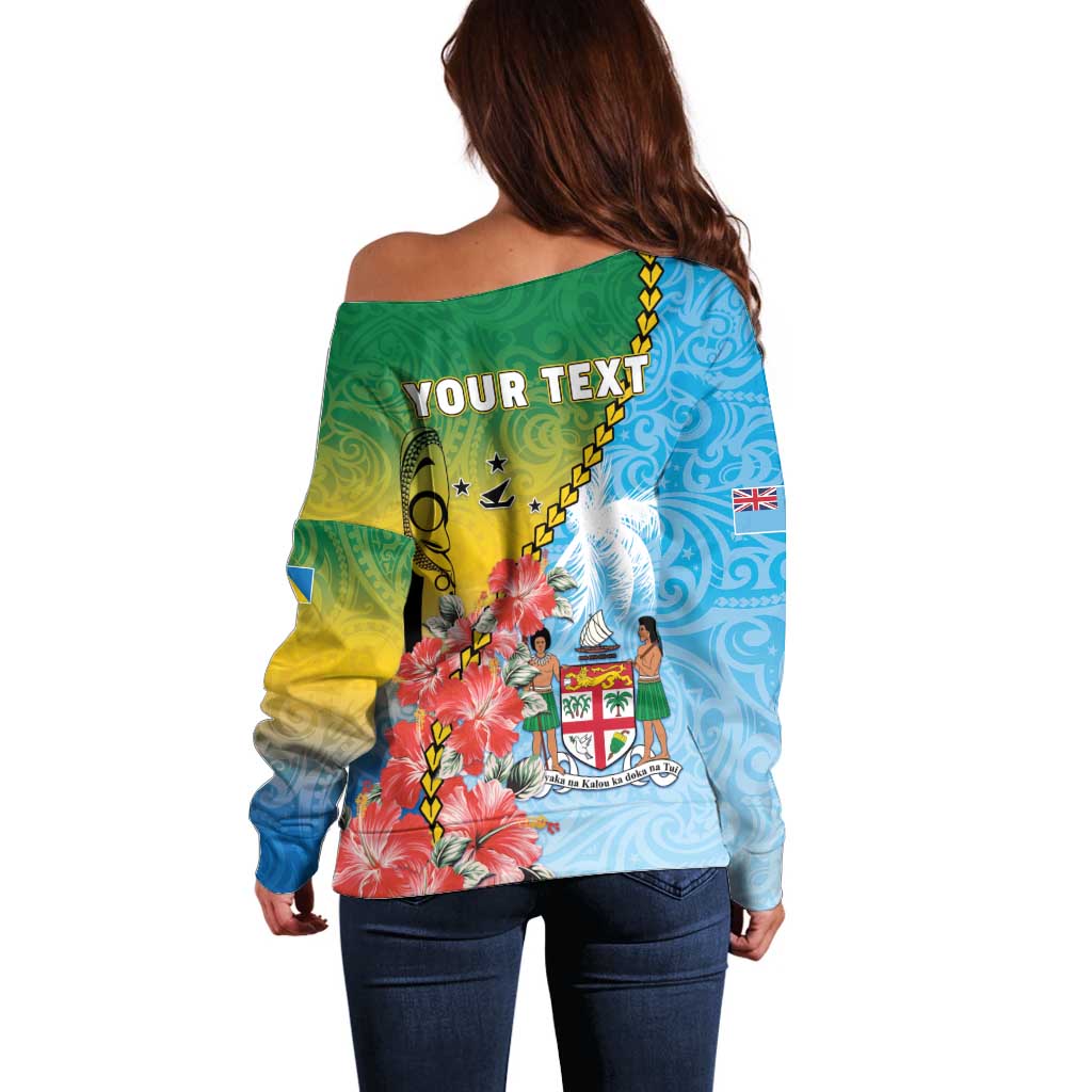 Personalised Malampa Fiji Day Off Shoulder Sweater Tribal Pattern With Tropical Flowers - Polynesian Pride