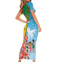 Personalised Malampa Fiji Day Short Sleeve Bodycon Dress Tribal Pattern With Tropical Flowers - Polynesian Pride