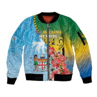 Personalised Malampa Fiji Day Sleeve Zip Bomber Jacket Tribal Pattern With Tropical Flowers - Polynesian Pride