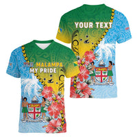 Personalised Malampa Fiji Day Women V-Neck T-Shirt Tribal Pattern With Tropical Flowers - Polynesian Pride