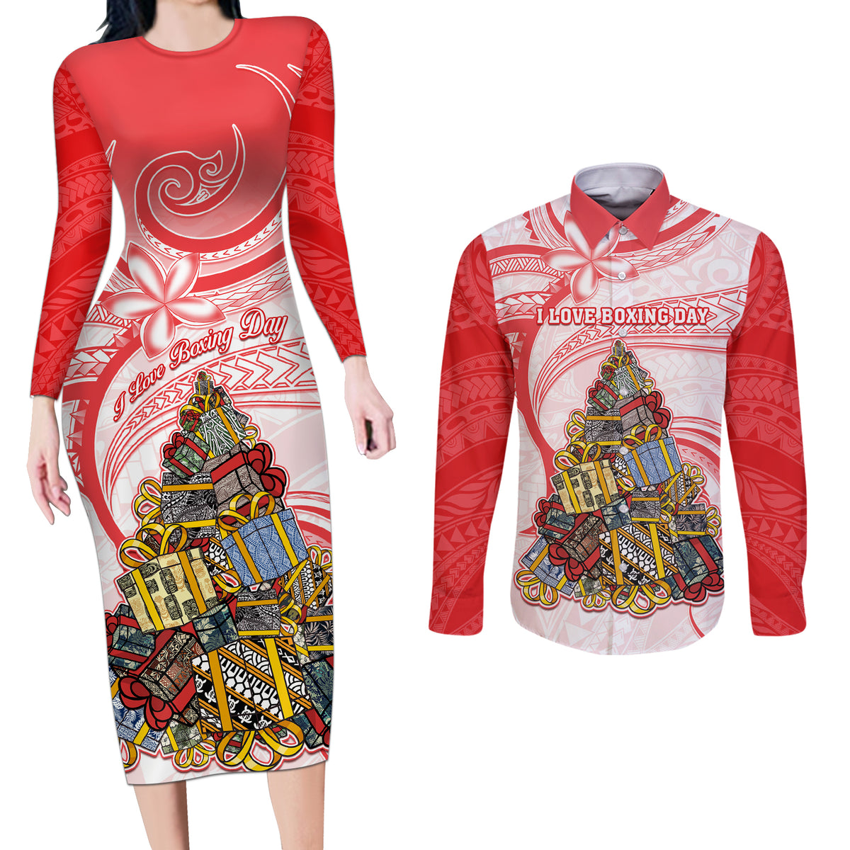 Personalized Happy Boxing Day Couples Matching Long Sleeve Bodycon Dress and Long Sleeve Button Shirts Polynesian Gift Boxes Christmas Tree LT05 Red - Polynesian Pride