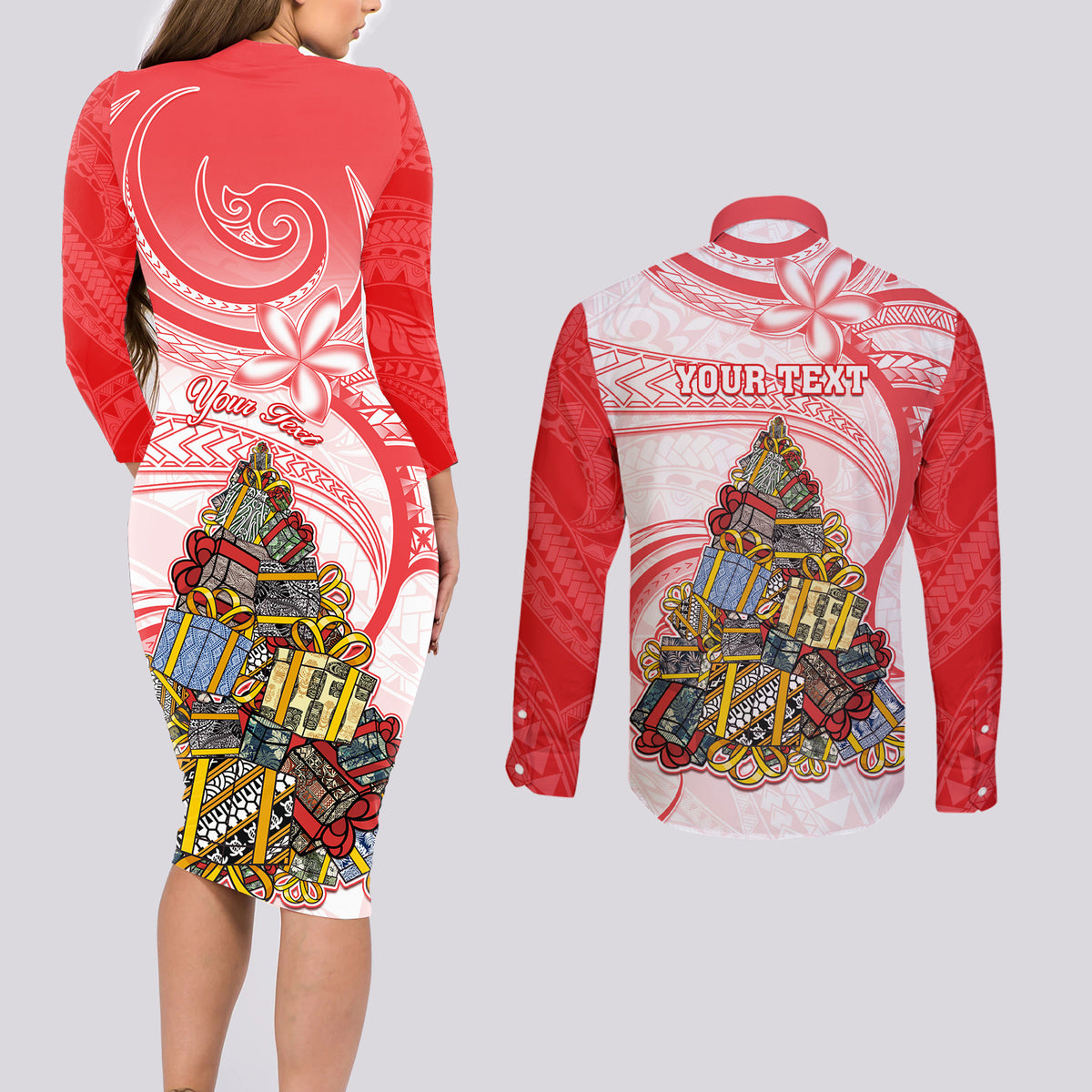 Personalized Happy Boxing Day Couples Matching Long Sleeve Bodycon Dress and Long Sleeve Button Shirts Polynesian Gift Boxes Christmas Tree LT05 - Polynesian Pride
