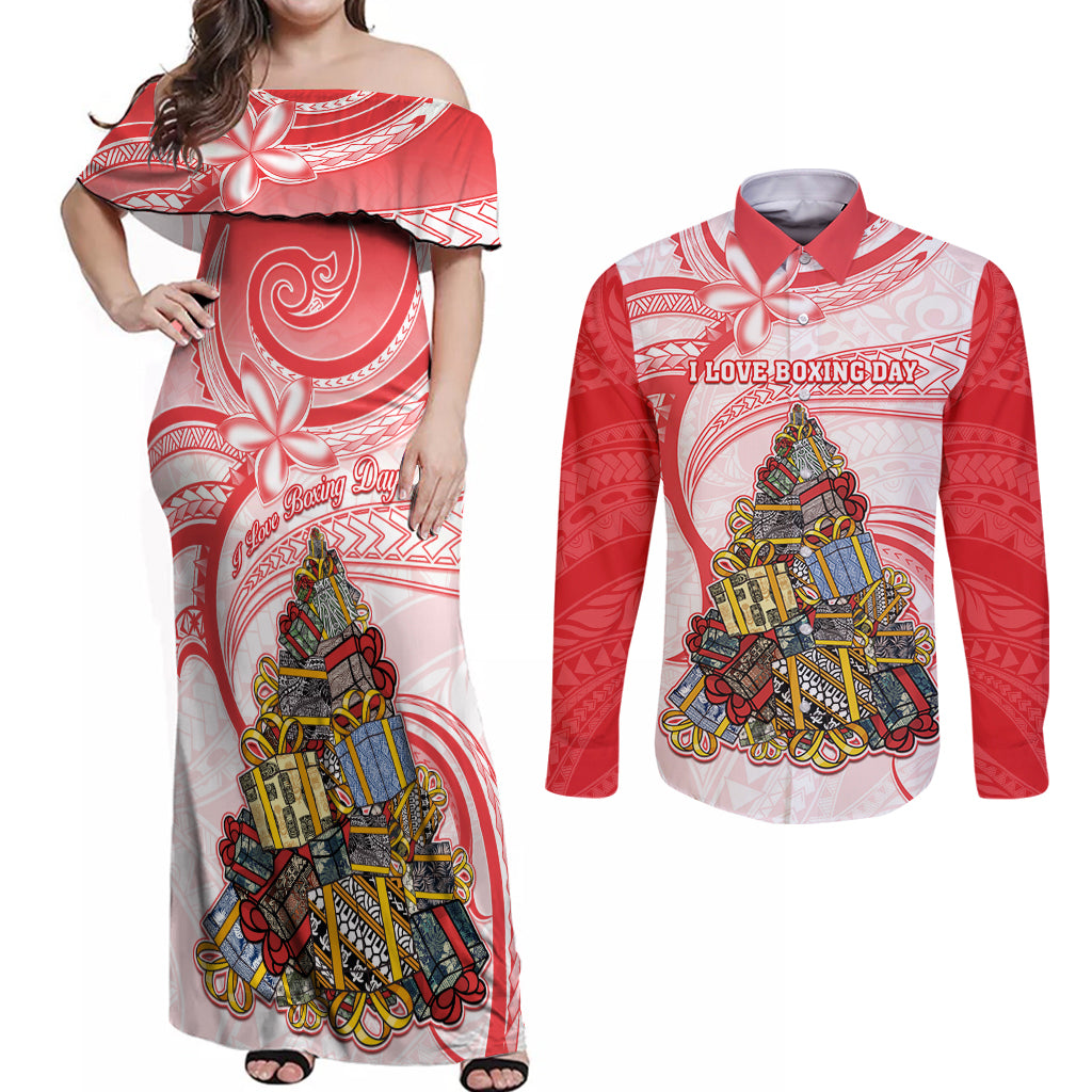 Personalized Happy Boxing Day Couples Matching Off Shoulder Maxi Dress and Long Sleeve Button Shirts Polynesian Gift Boxes Christmas Tree LT05 Red - Polynesian Pride