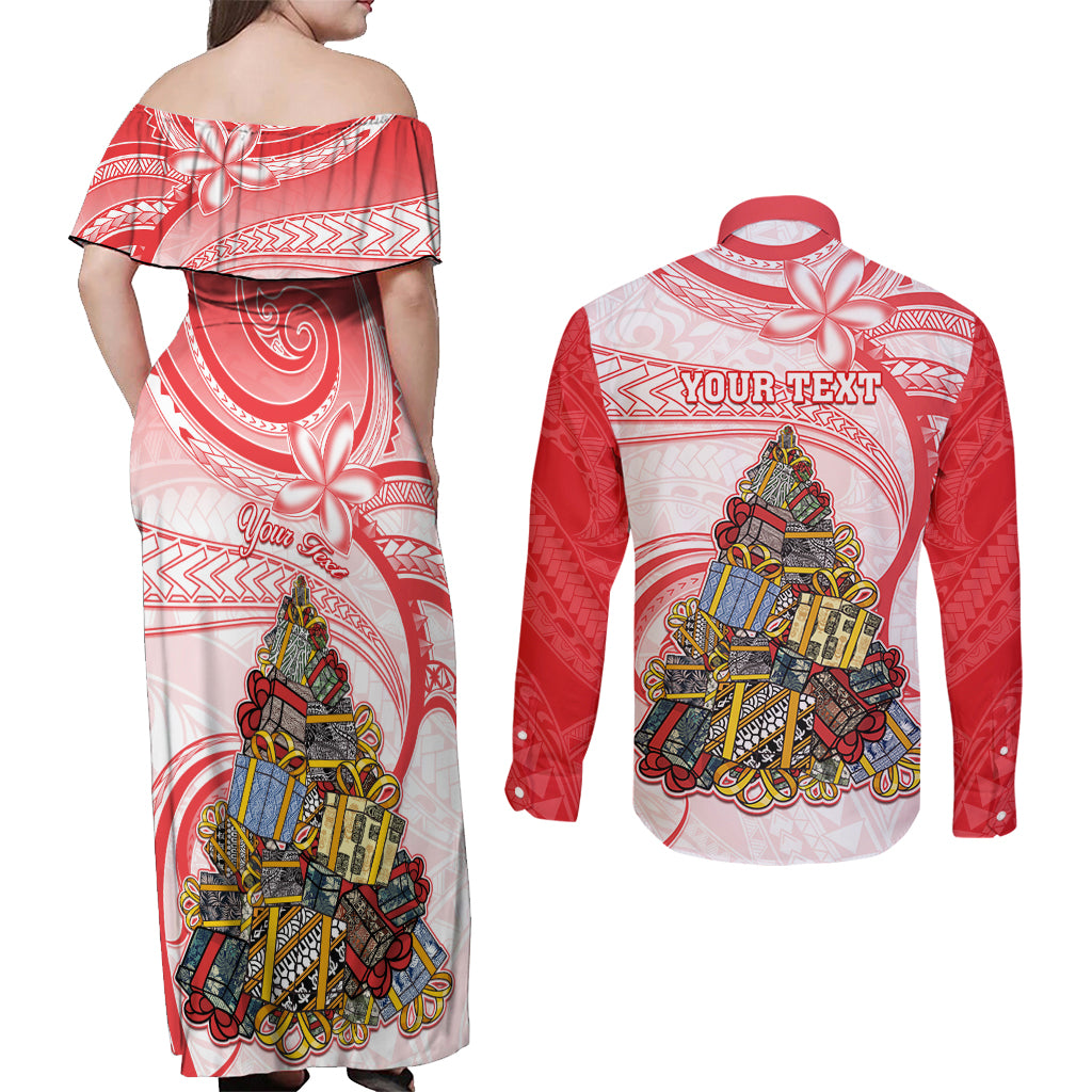 Personalized Happy Boxing Day Couples Matching Off Shoulder Maxi Dress and Long Sleeve Button Shirts Polynesian Gift Boxes Christmas Tree LT05 - Polynesian Pride