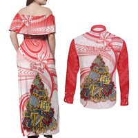 Personalized Happy Boxing Day Couples Matching Off Shoulder Maxi Dress and Long Sleeve Button Shirts Polynesian Gift Boxes Christmas Tree LT05 - Polynesian Pride