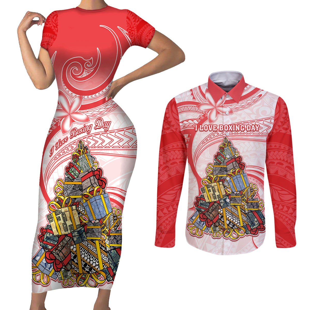 Personalized Happy Boxing Day Couples Matching Short Sleeve Bodycon Dress and Long Sleeve Button Shirts Polynesian Gift Boxes Christmas Tree LT05 Red - Polynesian Pride