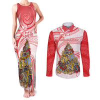 Personalized Happy Boxing Day Couples Matching Tank Maxi Dress and Long Sleeve Button Shirts Polynesian Gift Boxes Christmas Tree LT05 Red - Polynesian Pride