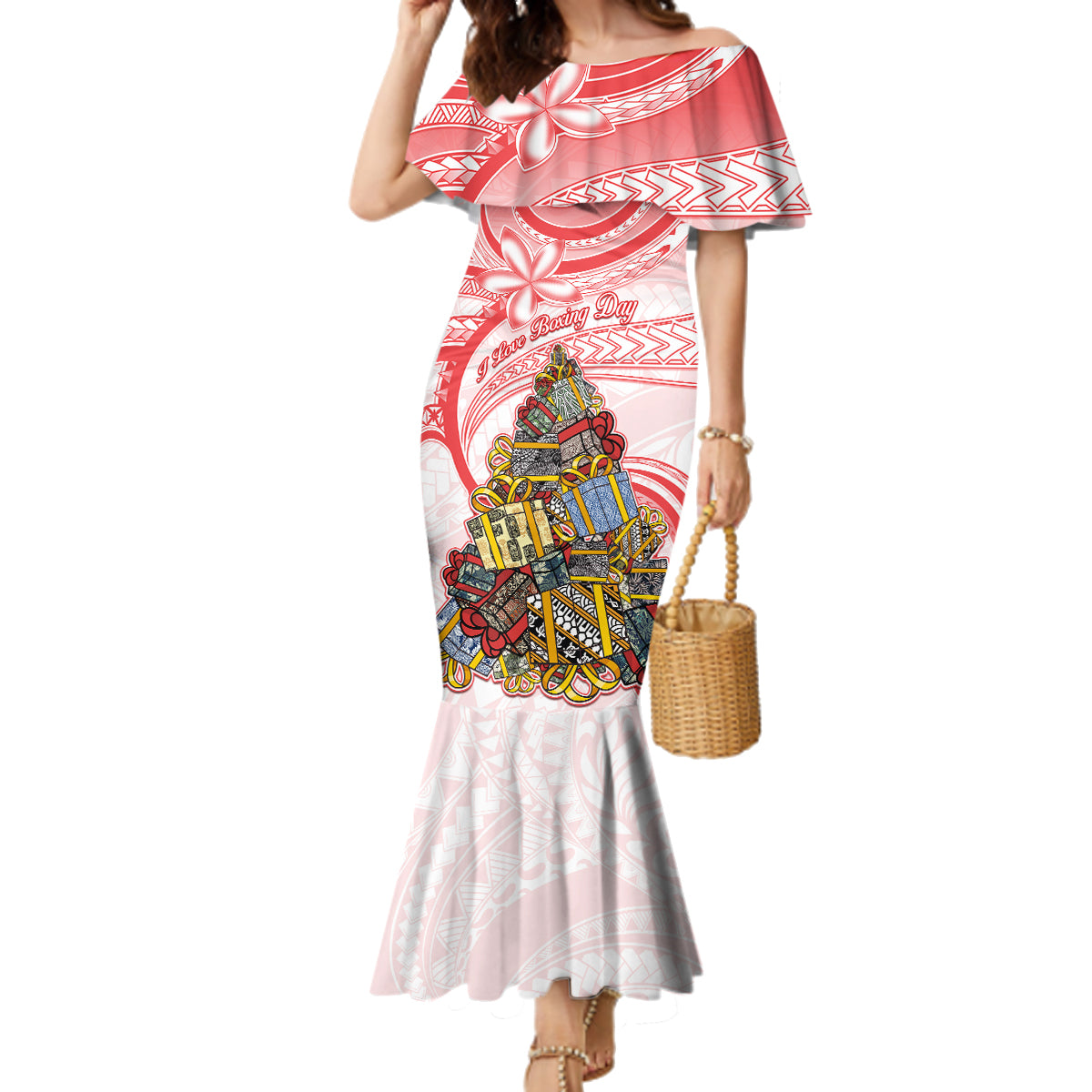 Personalized Happy Boxing Day Family Matching Mermaid Dress and Hawaiian Shirt Polynesian Gift Boxes Christmas Tree LT05 Mom's Dress Red - Polynesian Pride