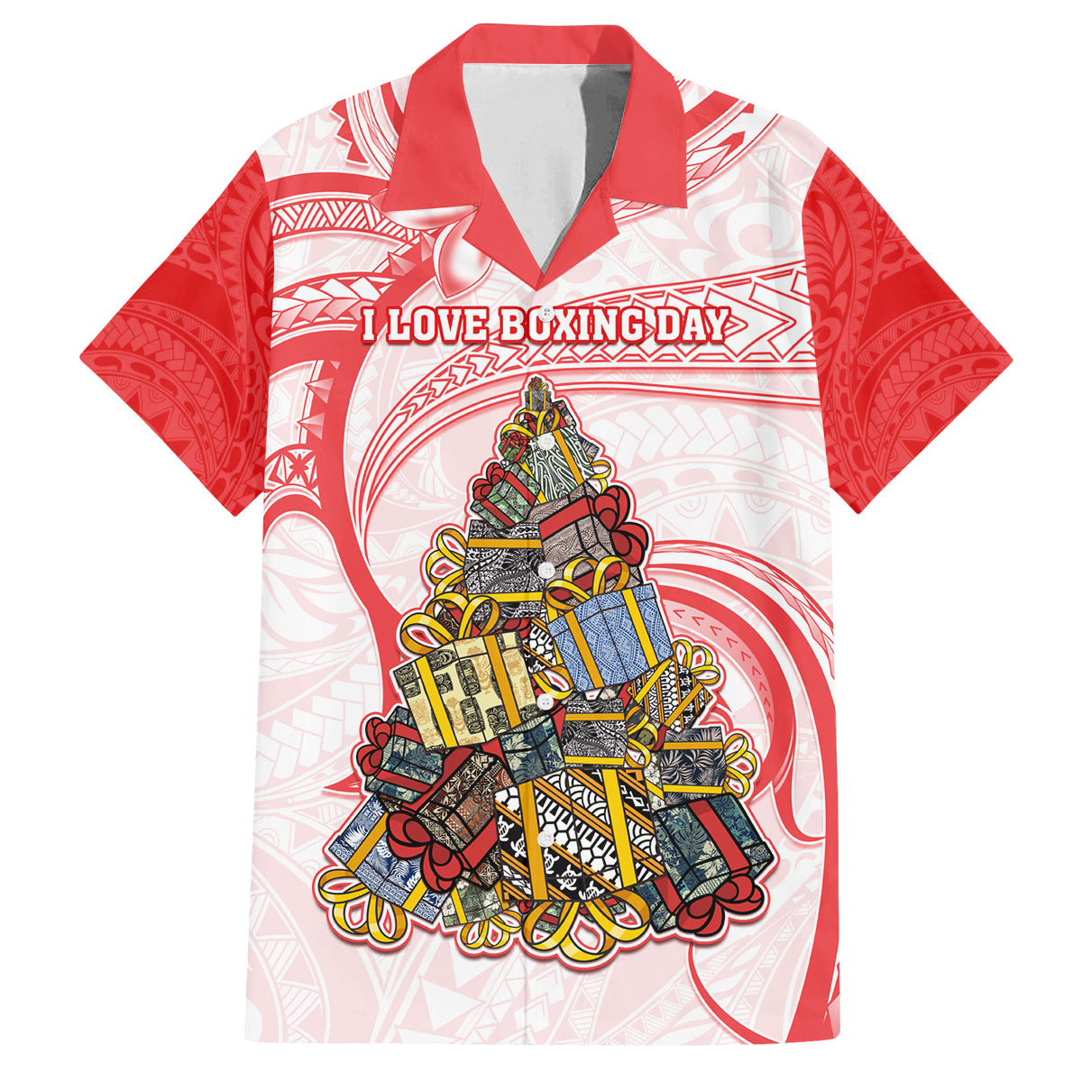 Personalized Happy Boxing Day Family Matching Puletasi Dress and Hawaiian Shirt Polynesian Gift Boxes Christmas Tree LT05 Dad's Shirt - Short Sleeve Red - Polynesian Pride