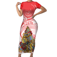 Personalized Happy Boxing Day Short Sleeve Bodycon Dress Polynesian Gift Boxes Christmas Tree LT05 Long Dress Red - Polynesian Pride