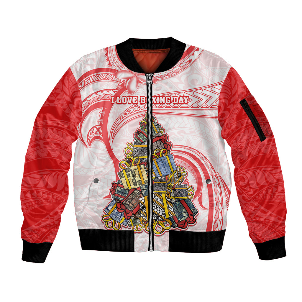 Personalized Happy Boxing Day Sleeve Zip Bomber Jacket Polynesian Gift Boxes Christmas Tree LT05 Unisex Red - Polynesian Pride
