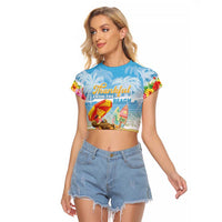 Personalised Hawaii Funny Thanksgiving Raglan Cropped T Shirt Thankful From The Beach LT05 Female Blue - Polynesian Pride