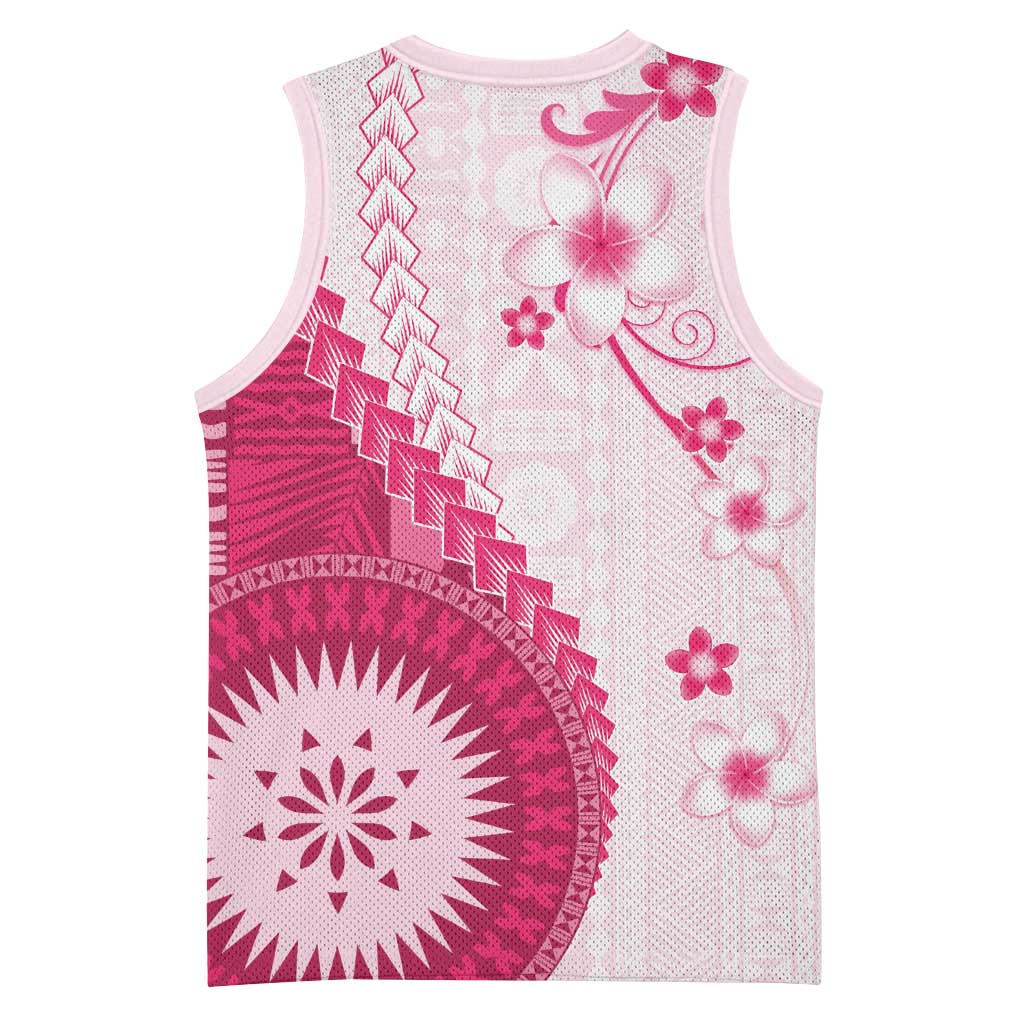 Bula Fiji Basketball Jersey Pink Plumeria Masi Tapa Pattern - Polynesian Pride