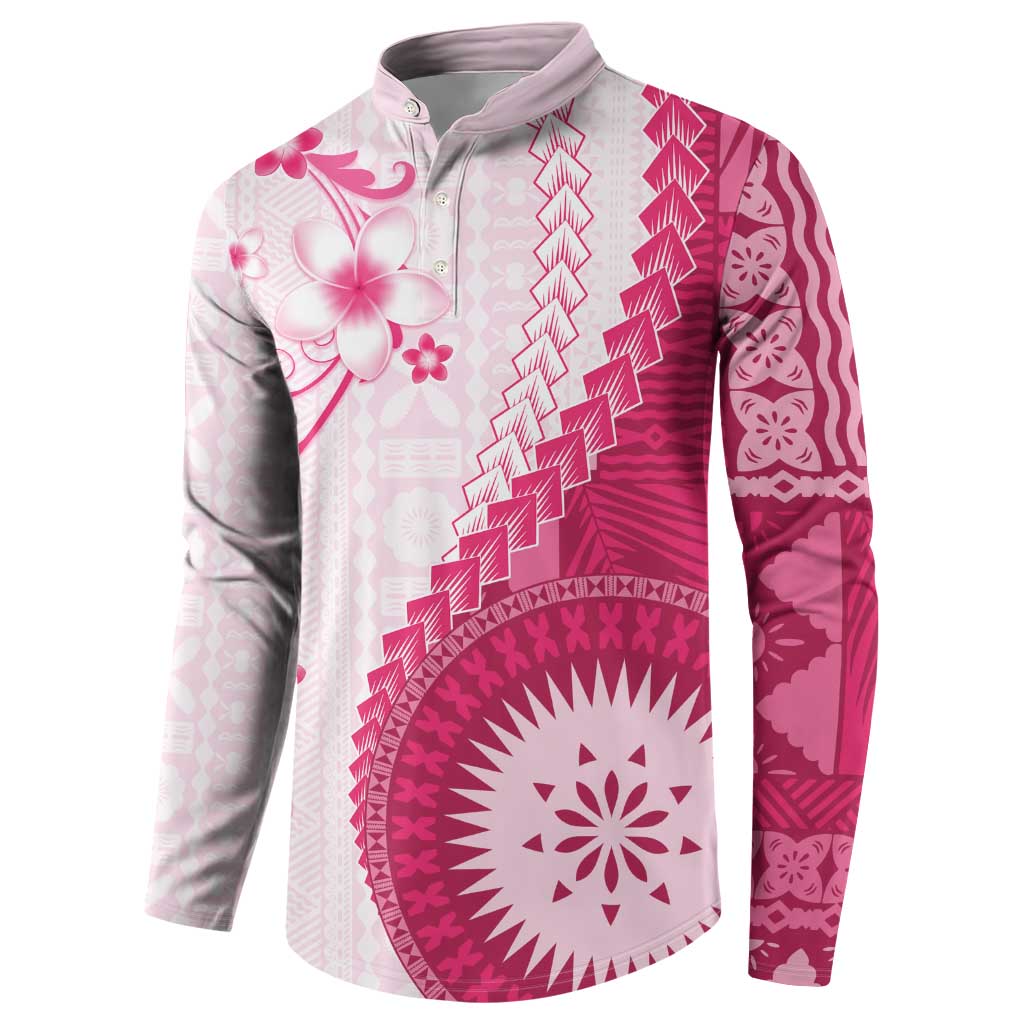 Bula Fiji Button Sweatshirt Pink Plumeria Masi Tapa Pattern LT05 - Polynesian Pride