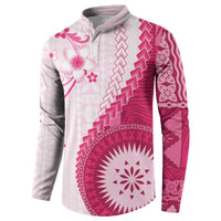 Bula Fiji Button Sweatshirt Pink Plumeria Masi Tapa Pattern LT05 - Polynesian Pride