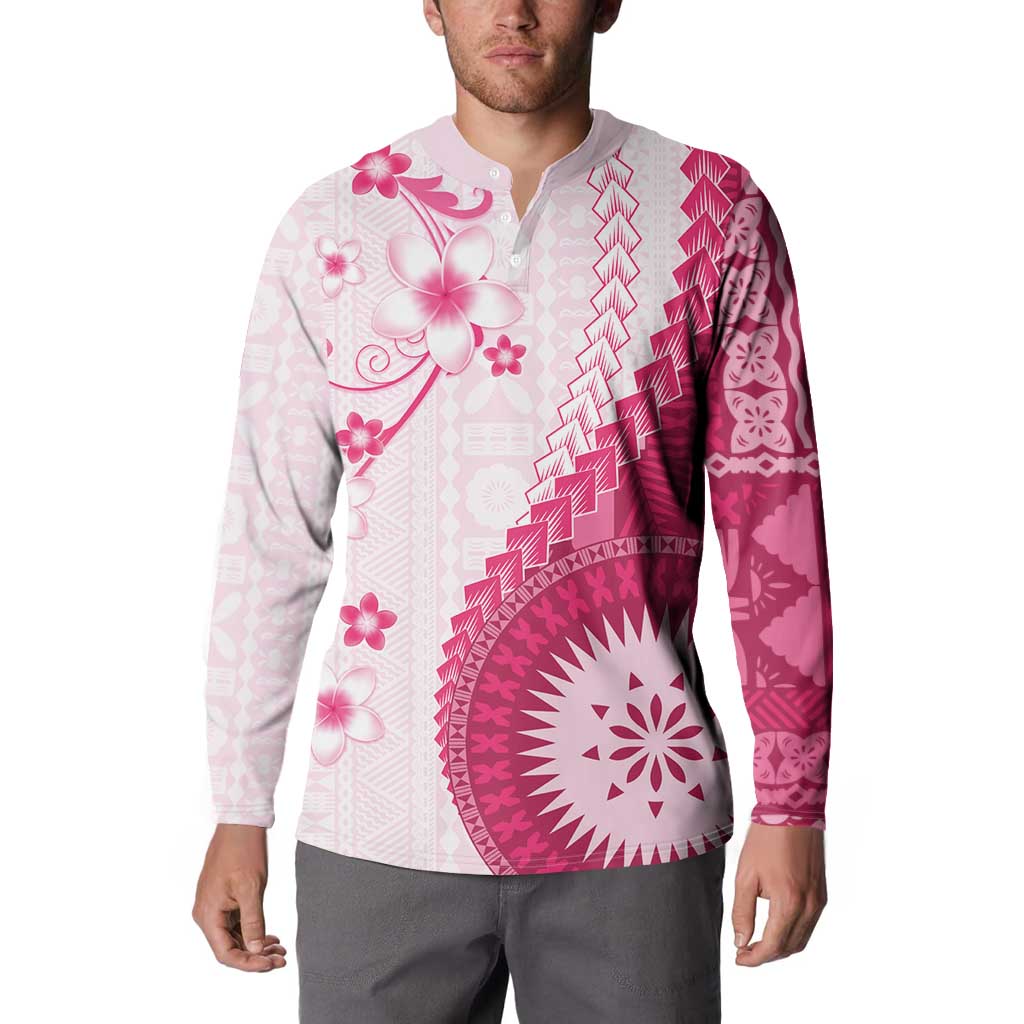 Bula Fiji Button Sweatshirt Pink Plumeria Masi Tapa Pattern LT05 - Polynesian Pride