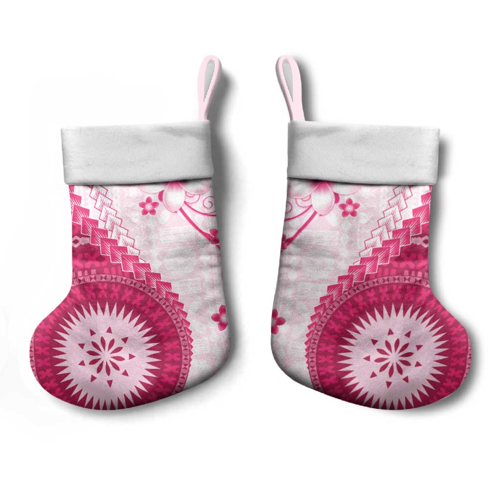Bula Fiji Christmas Stocking Pink Plumeria Masi Tapa Pattern LT05 - Polynesian Pride