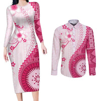 Bula Fiji Couples Matching Long Sleeve Bodycon Dress and Long Sleeve Button Shirt Pink Plumeria Masi Tapa Pattern LT05 Pink - Polynesian Pride