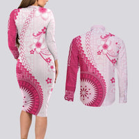 Bula Fiji Couples Matching Long Sleeve Bodycon Dress and Long Sleeve Button Shirt Pink Plumeria Masi Tapa Pattern LT05 - Polynesian Pride
