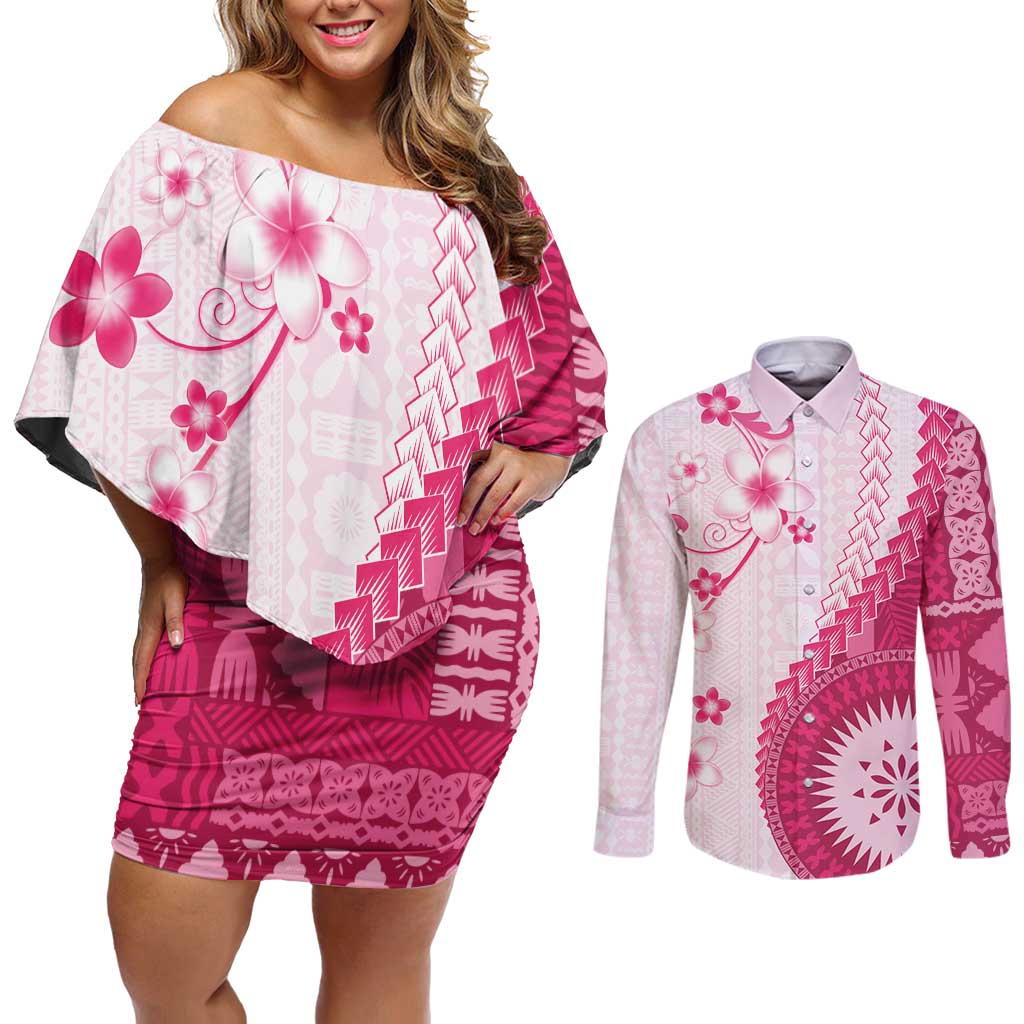 Bula Fiji Couples Matching Off Shoulder Short Dress and Long Sleeve Button Shirt Pink Plumeria Masi Tapa Pattern LT05 Pink - Polynesian Pride