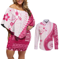 Bula Fiji Couples Matching Off Shoulder Short Dress and Long Sleeve Button Shirt Pink Plumeria Masi Tapa Pattern LT05 Pink - Polynesian Pride