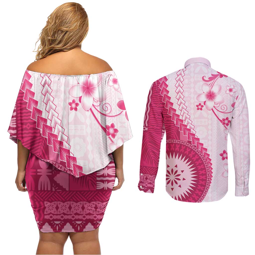 Bula Fiji Couples Matching Off Shoulder Short Dress and Long Sleeve Button Shirt Pink Plumeria Masi Tapa Pattern LT05 - Polynesian Pride