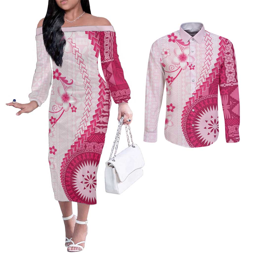Bula Fiji Couples Matching Off The Shoulder Long Sleeve Dress and Long Sleeve Button Shirt Pink Plumeria Masi Tapa Pattern LT05 Pink - Polynesian Pride