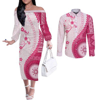 Bula Fiji Couples Matching Off The Shoulder Long Sleeve Dress and Long Sleeve Button Shirt Pink Plumeria Masi Tapa Pattern LT05 Pink - Polynesian Pride