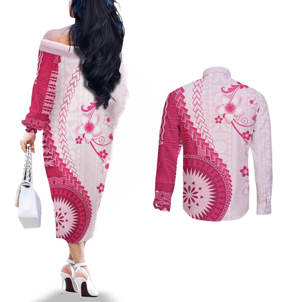 Bula Fiji Couples Matching Off The Shoulder Long Sleeve Dress and Long Sleeve Button Shirt Pink Plumeria Masi Tapa Pattern LT05 - Polynesian Pride