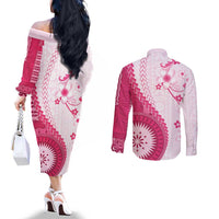 Bula Fiji Couples Matching Off The Shoulder Long Sleeve Dress and Long Sleeve Button Shirt Pink Plumeria Masi Tapa Pattern LT05 - Polynesian Pride