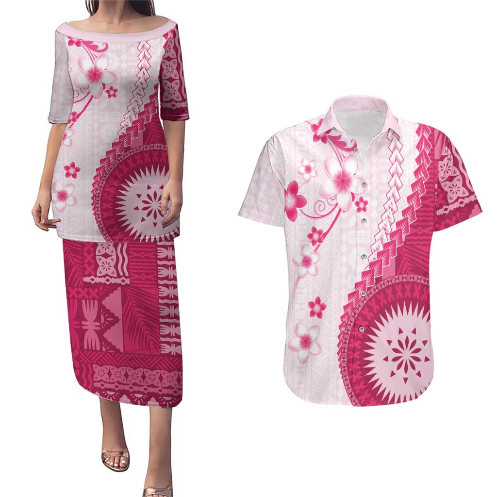 Bula Fiji Couples Matching Puletasi and Hawaiian Shirt Pink Plumeria Masi Tapa Pattern - Polynesian Pride