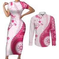 Bula Fiji Couples Matching Short Sleeve Bodycon Dress and Long Sleeve Button Shirt Pink Plumeria Masi Tapa Pattern LT05 Pink - Polynesian Pride