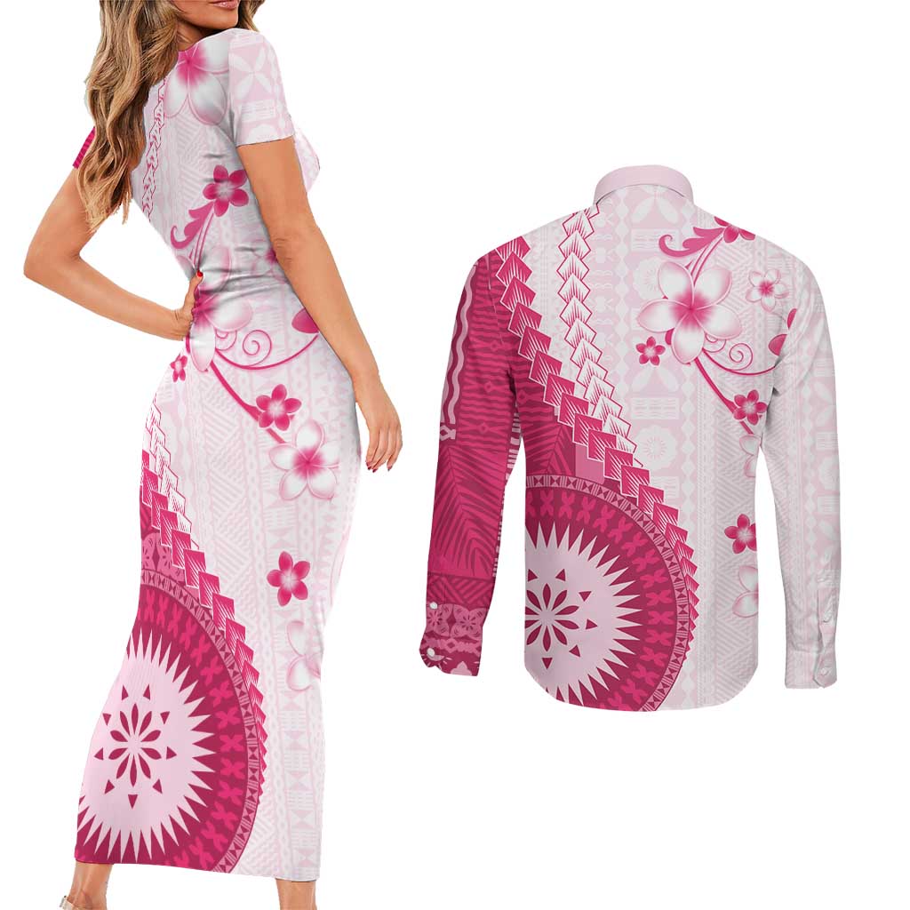 Bula Fiji Couples Matching Short Sleeve Bodycon Dress and Long Sleeve Button Shirt Pink Plumeria Masi Tapa Pattern LT05 - Polynesian Pride