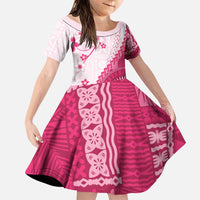Bula Fiji Family Matching Long Sleeve Bodycon Dress and Hawaiian Shirt Pink Plumeria Masi Tapa Pattern - Polynesian Pride