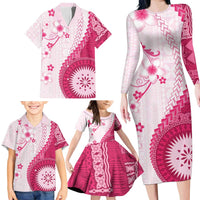 Bula Fiji Family Matching Long Sleeve Bodycon Dress and Hawaiian Shirt Pink Plumeria Masi Tapa Pattern - Polynesian Pride