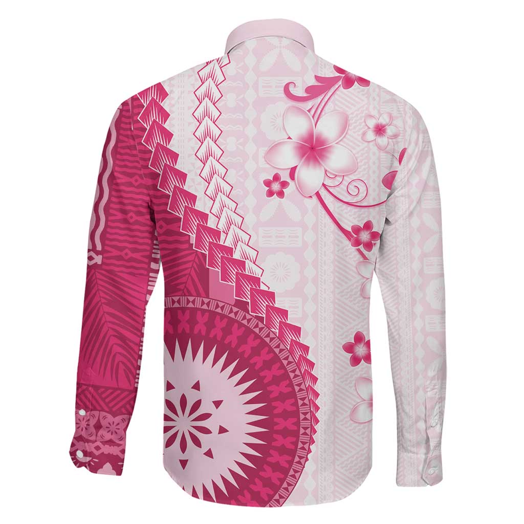 Bula Fiji Family Matching Off Shoulder Maxi Dress and Hawaiian Shirt Pink Plumeria Masi Tapa Pattern - Polynesian Pride