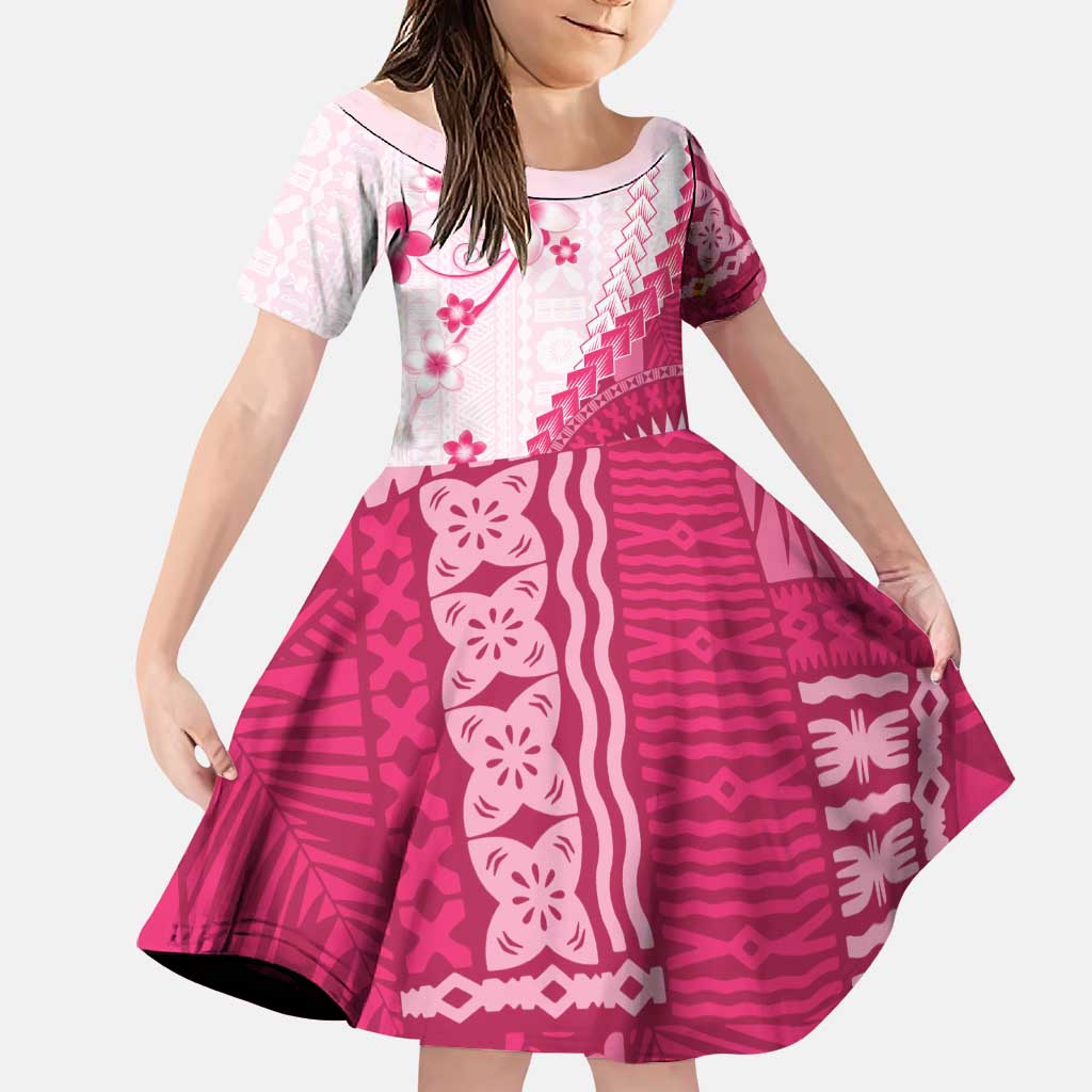 Bula Fiji Family Matching Off Shoulder Short Dress and Hawaiian Shirt Pink Plumeria Masi Tapa Pattern - Polynesian Pride