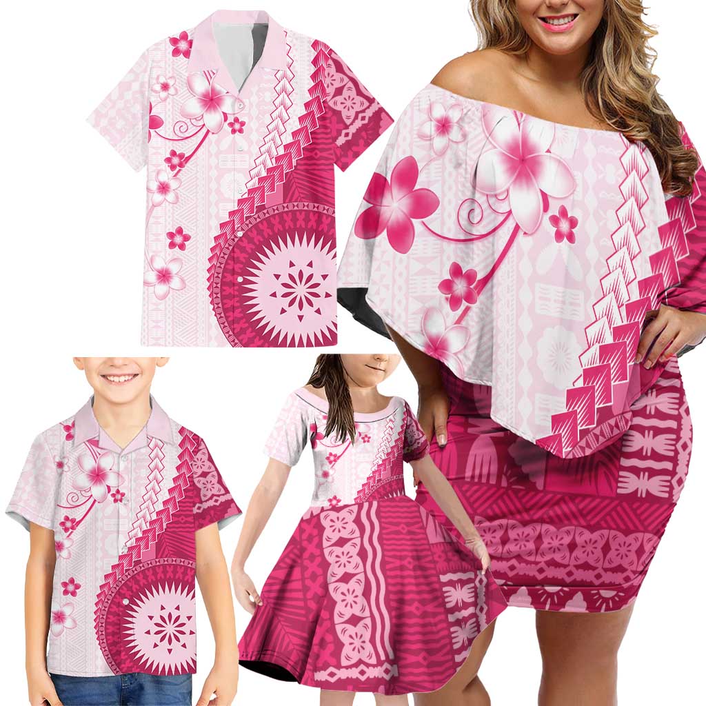 Bula Fiji Family Matching Off Shoulder Short Dress and Hawaiian Shirt Pink Plumeria Masi Tapa Pattern - Polynesian Pride