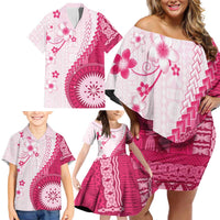 Bula Fiji Family Matching Off Shoulder Short Dress and Hawaiian Shirt Pink Plumeria Masi Tapa Pattern - Polynesian Pride