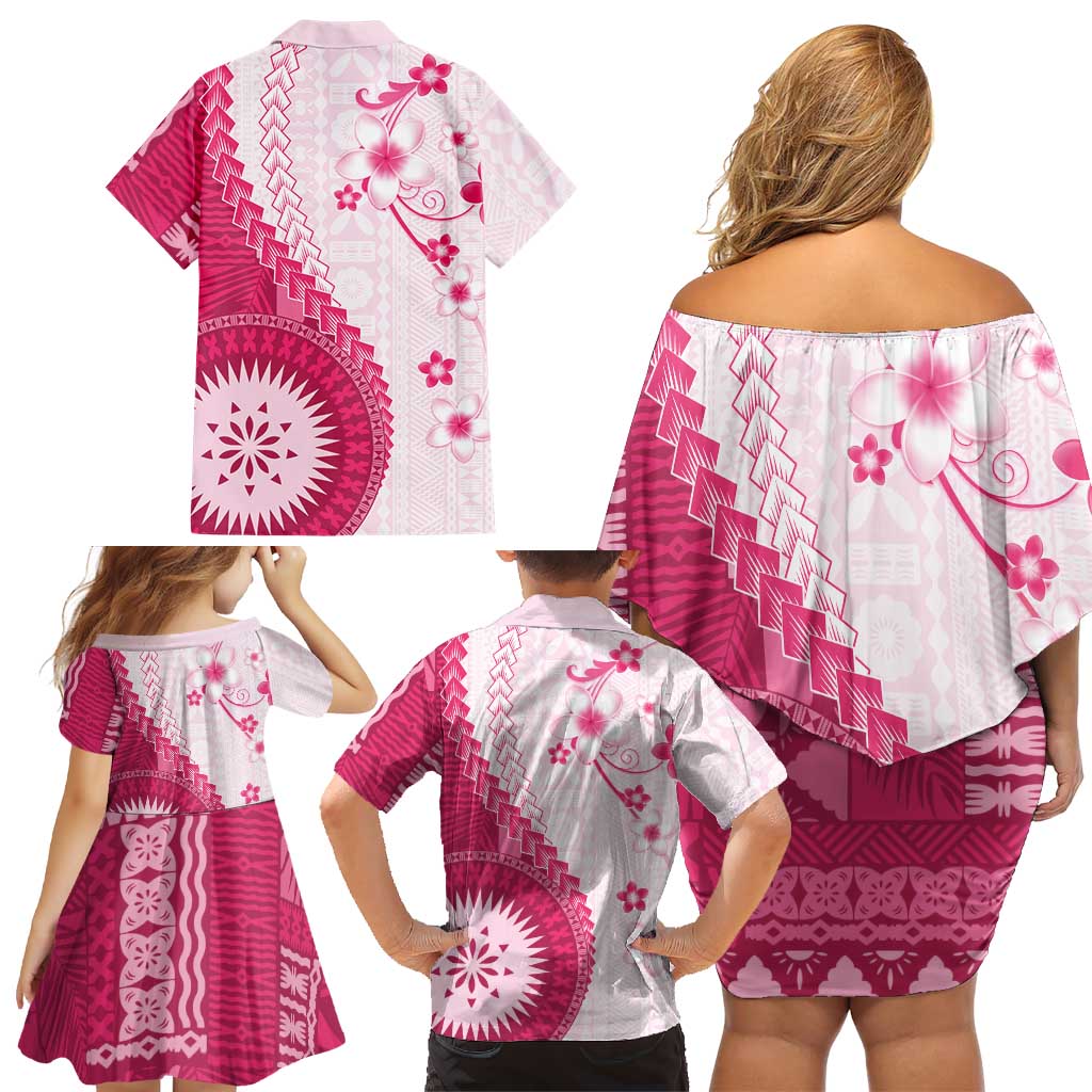 Bula Fiji Family Matching Off Shoulder Short Dress and Hawaiian Shirt Pink Plumeria Masi Tapa Pattern - Polynesian Pride