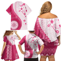 Bula Fiji Family Matching Off Shoulder Short Dress and Hawaiian Shirt Pink Plumeria Masi Tapa Pattern - Polynesian Pride