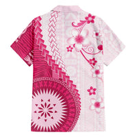 Bula Fiji Family Matching Off Shoulder Short Dress and Hawaiian Shirt Pink Plumeria Masi Tapa Pattern - Polynesian Pride