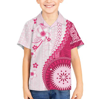 Bula Fiji Family Matching Off Shoulder Short Dress and Hawaiian Shirt Pink Plumeria Masi Tapa Pattern - Polynesian Pride