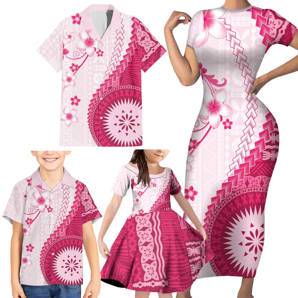 Bula Fiji Family Matching Short Sleeve Bodycon Dress and Hawaiian Shirt Pink Plumeria Masi Tapa Pattern - Polynesian Pride