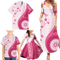 Bula Fiji Family Matching Summer Maxi Dress and Hawaiian Shirt Pink Plumeria Masi Tapa Pattern - Polynesian Pride