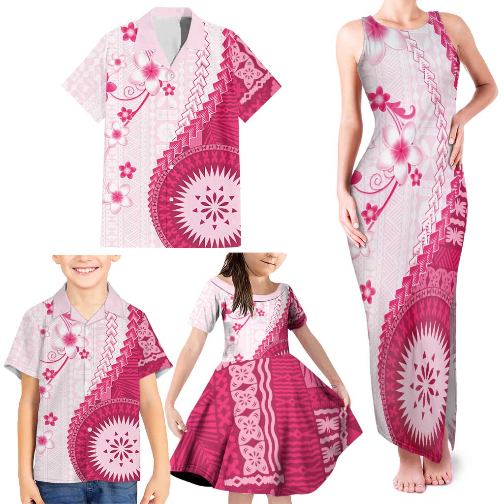 Bula Fiji Family Matching Tank Maxi Dress and Hawaiian Shirt Pink Plumeria Masi Tapa Pattern - Polynesian Pride