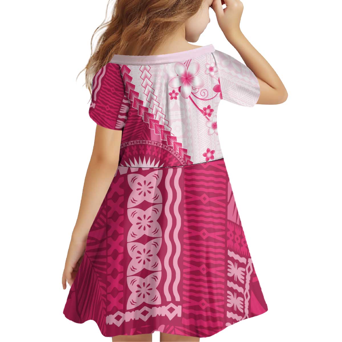 Bula Fiji Kid Short Sleeve Dress Pink Plumeria Masi Tapa Pattern - Polynesian Pride